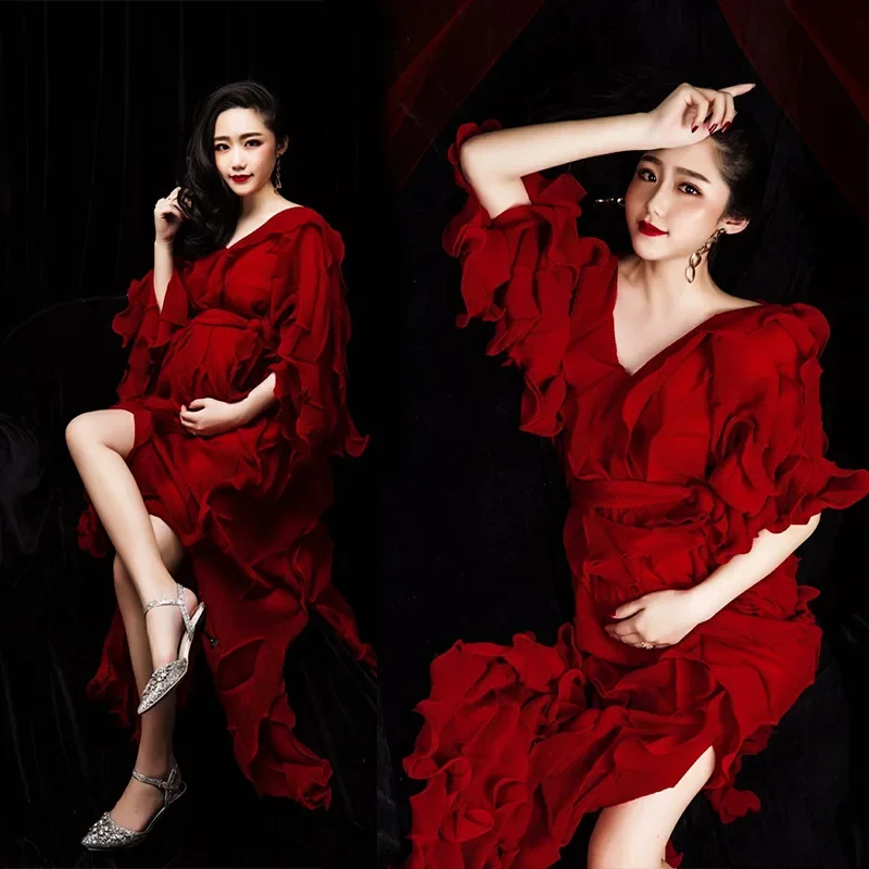 Women Photography Props Christmas Red X'mas Maternity Dresses Pregnancy Dress Clothes Studio Photoshoot Dress Clothing