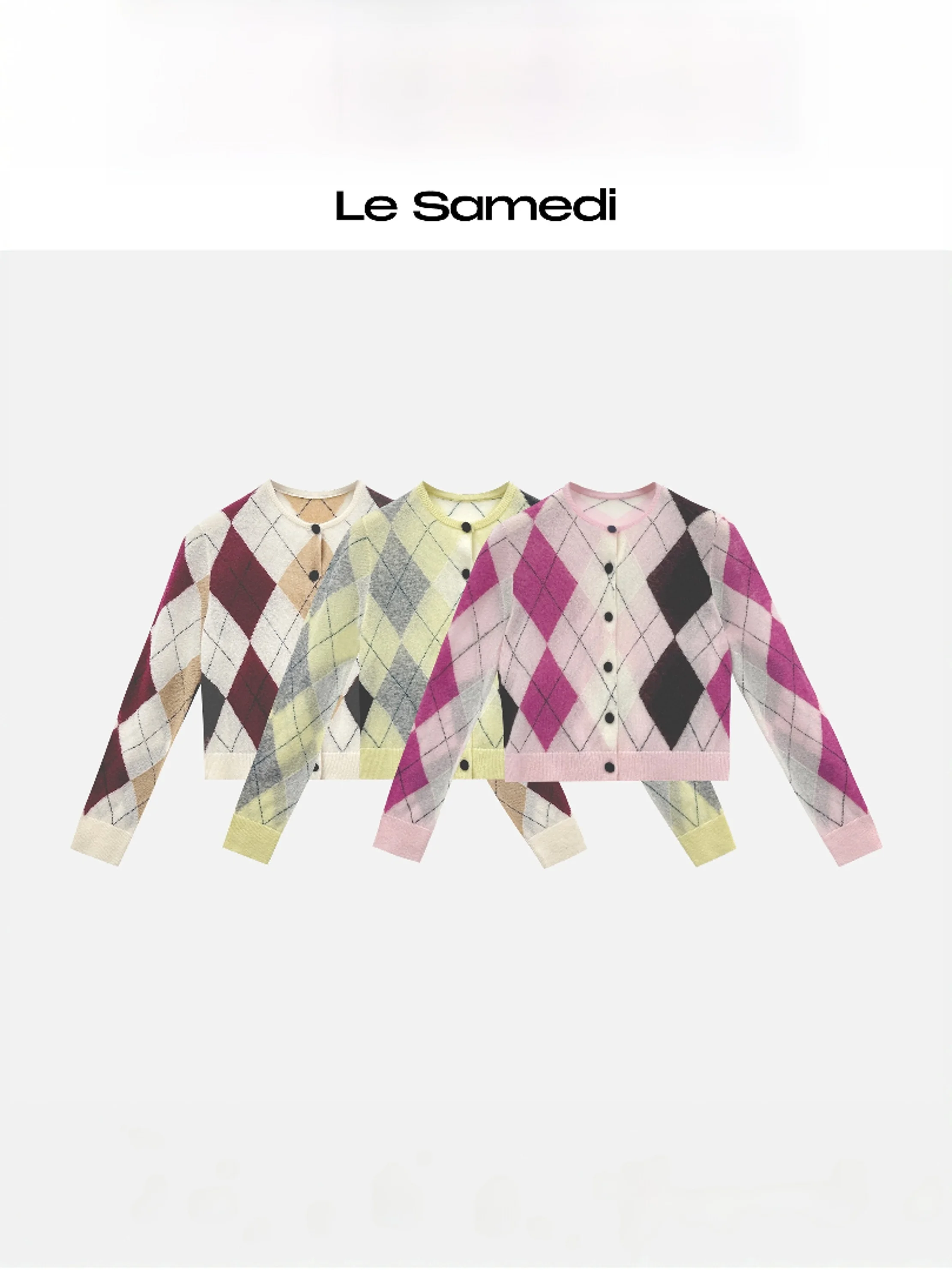 

Вязаный кардиган Le Samedi в стиле винтаж с цветовыми блоками, женский, весенний, шерстяной, с ромбовидным узором, длинными рукавами и круглым вырезом