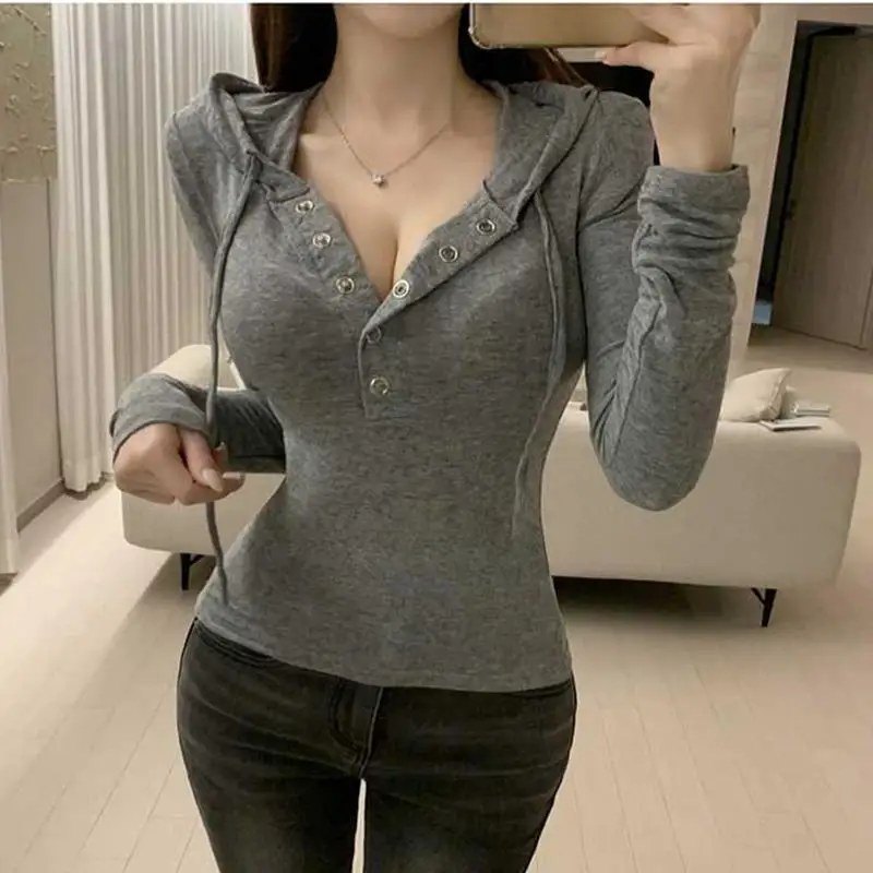 Camiseta larga ajustada Sve para mujer, Sudadera con capucha fina y transpirable con microtranslúcido y botones, mezcla de poliéster y algodón suave y cómoda