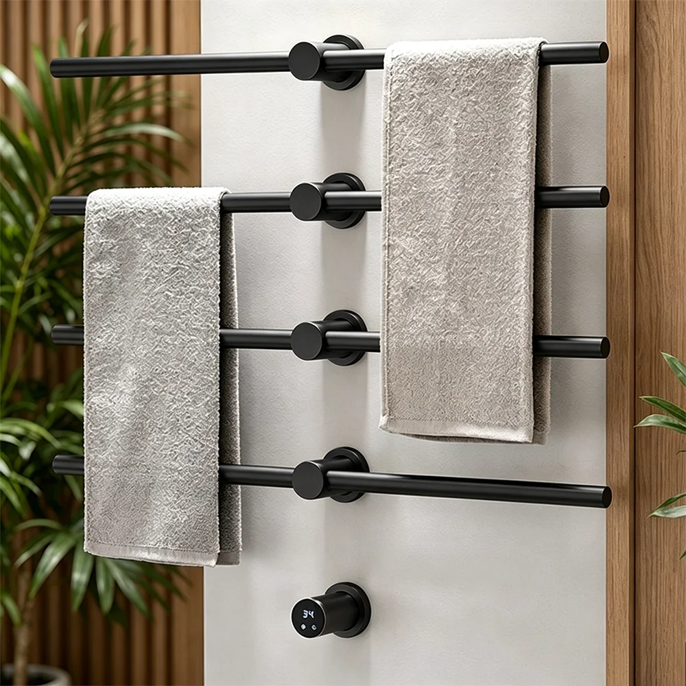 Matte Black 70cm 4 Round Heated Towel Rails 304 Stainless Steel Intelligent Control Hidden Insttall Electric Towel Warmer Rack
