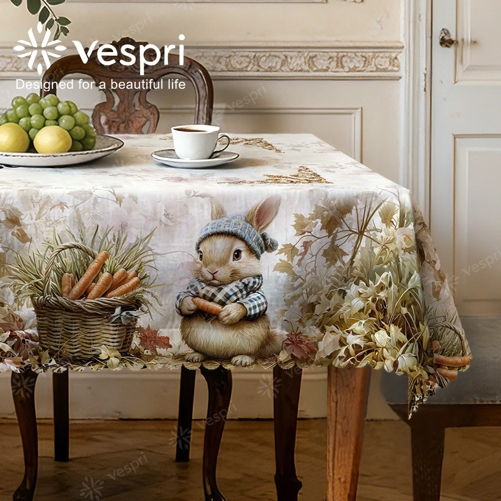 Vespri Oster-Tischdecke Dekor Karotte Hase Blätter Rund Rechteckig Oval Tischdecke Weiß Beige für Partys