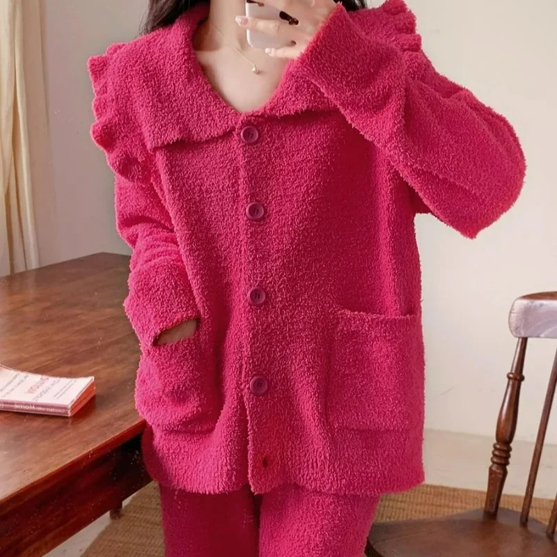 Korean Version of Pajamas Female Sweet and Cute Princess Rose Red Natal Year Cardigan Loungewear Half Fleece Winter Coral Fleece