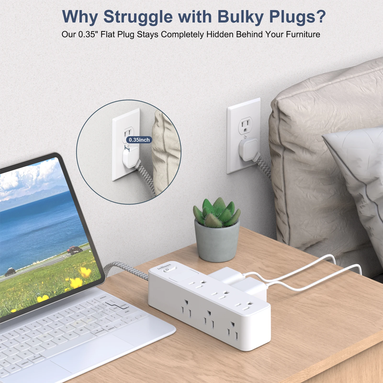 9-in-1 Surge Protector Power Strip with 6 Outlets and 5ft Braided Extension Cord,45° Ultra-thin plug wall socket for home office