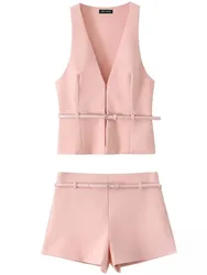 KONDALA Vintage Chic Solid Women Suit V Neck Sleeveless Sashes Vest Blazer Straight Shorts New Fashion 2025 Summer Office Sets