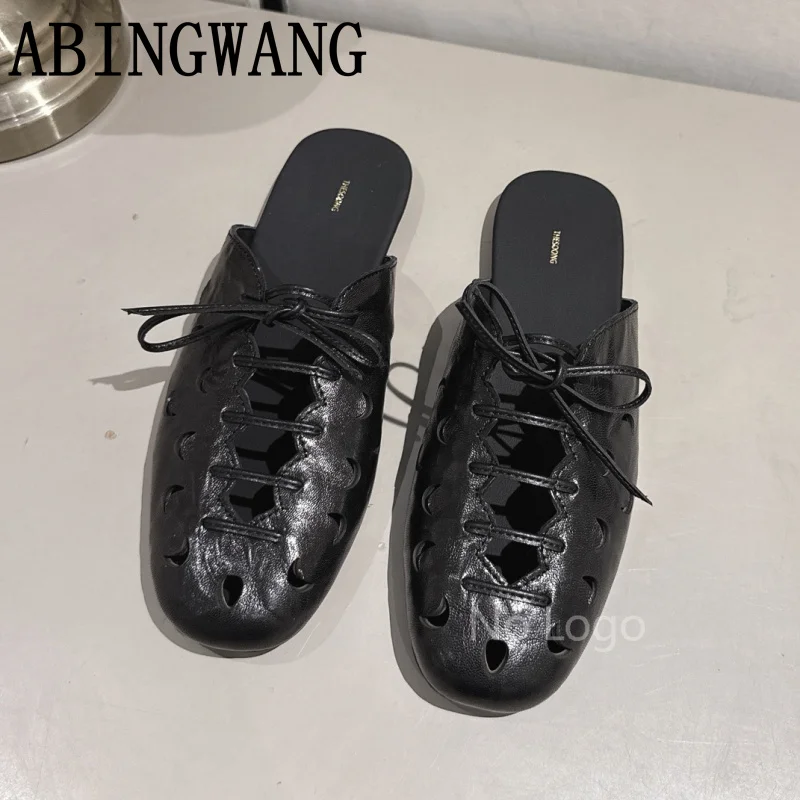 2026 Summer New Leather Flats Heel Half Slippers Women Slip On Round Toe Mules for Women Sexy Dress Sandals Slippers Mujer