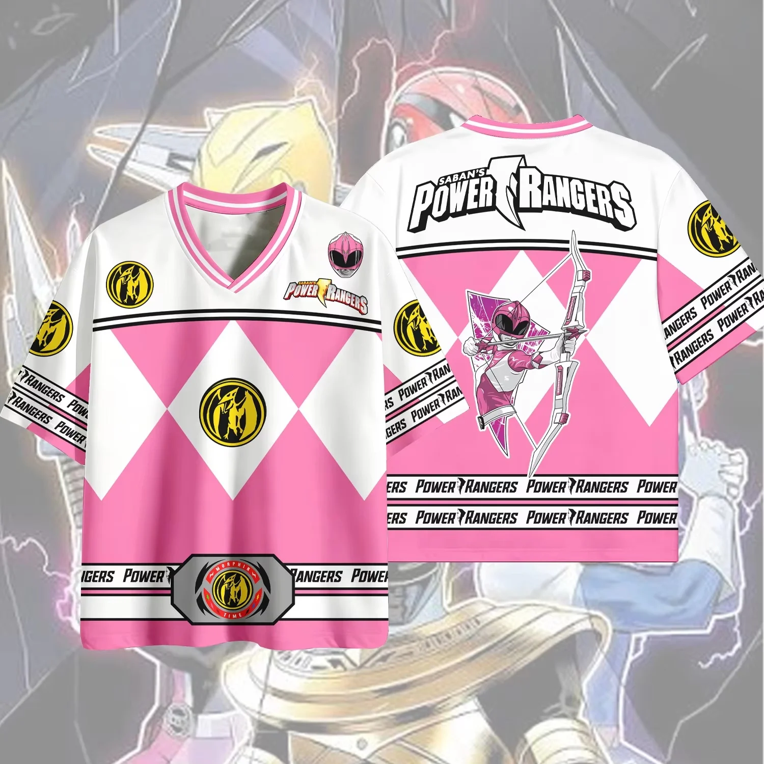 Trendy Unisex V Neck Power Rangers Black Ranger Hero Jersey Soft Printed Top Ideal For Night Out And Casual Street Style Looks