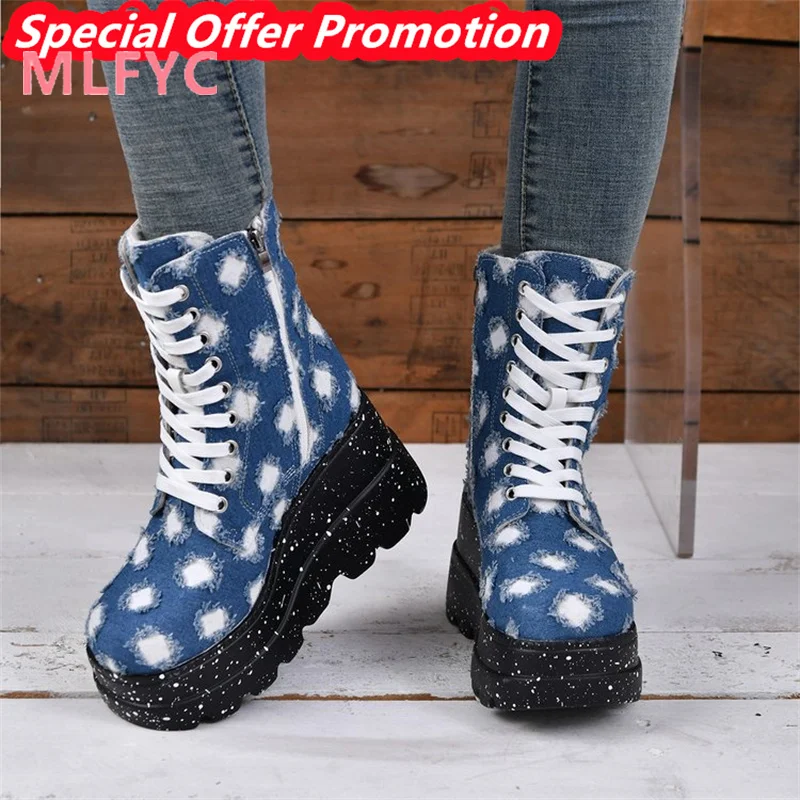 

Net Red Thick Sole Denim Slope Heel Women's Boots 2023 Spring and Autumn New British Style Women's Boots Fashion Boot Trend