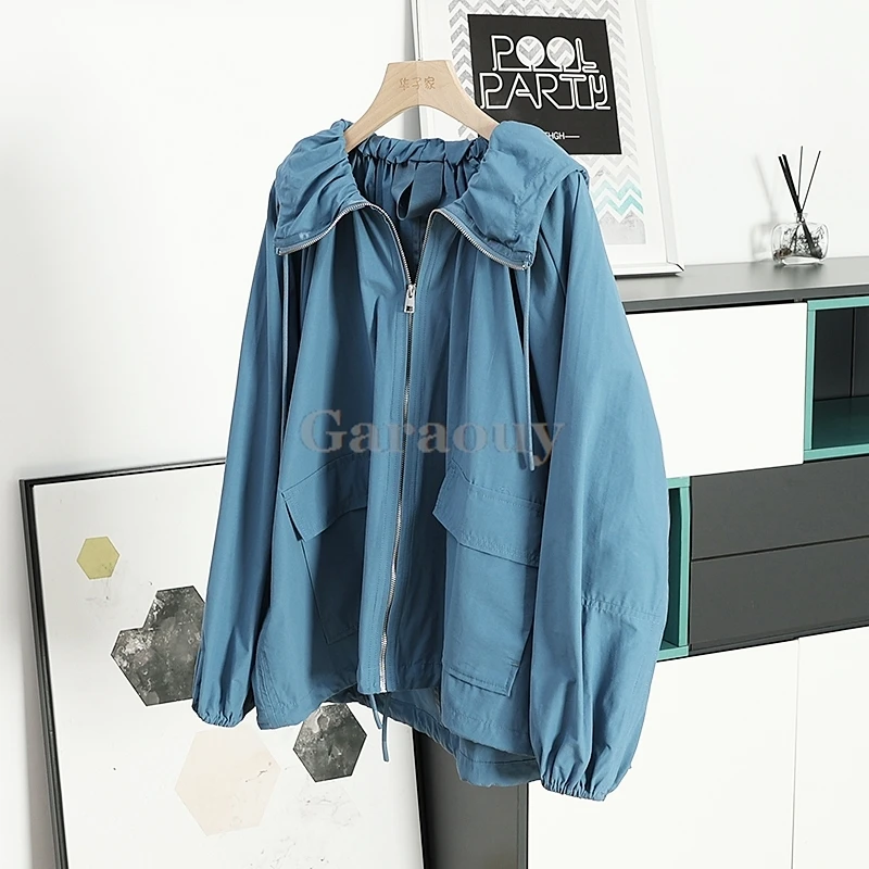 Garaouy Spring And Summer 2024 New Women\'s Zippers Bomber Jacket Vintage Pocket Loose Hooded Coat Women