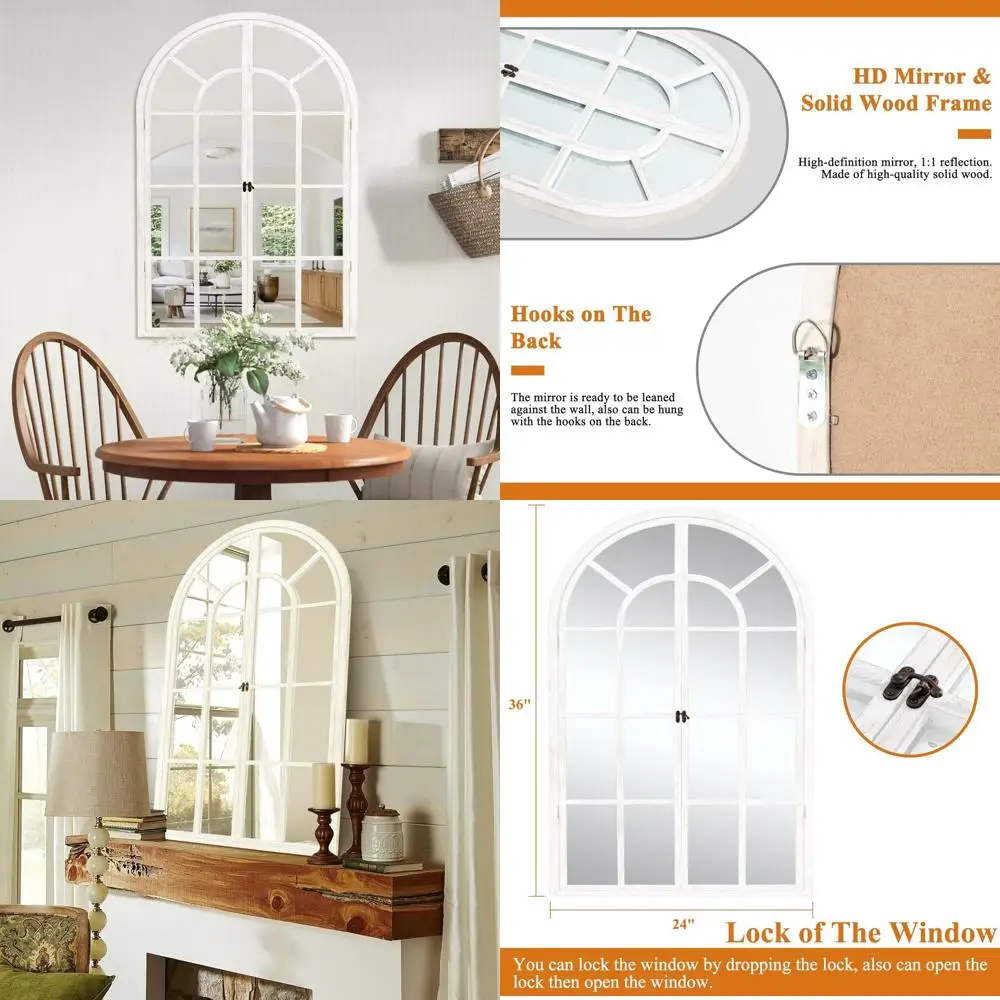 Arched Window-Style Wall Mirror, 36x24 Inch, Wood Framed, Farmhouse Style, Decorative Wall Art for Home