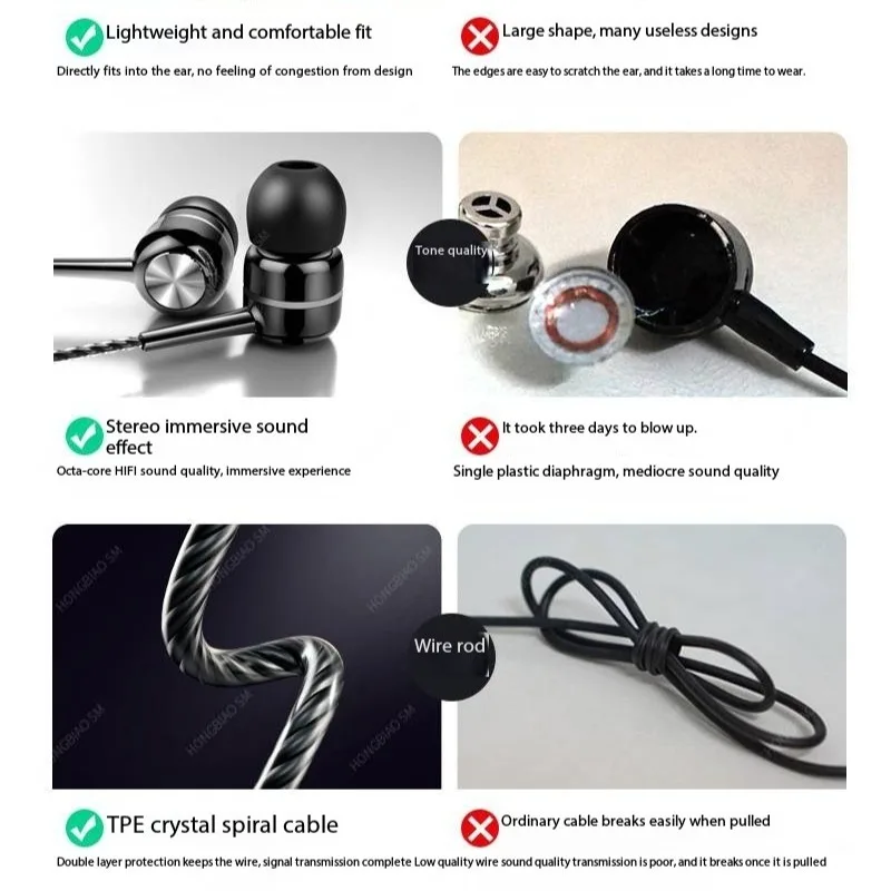 Wired Earphones with Microphone 4mm in-Ear Heavy Bass Line Control Call Noise Reduction Gaming Headset for Multiple Phone Models