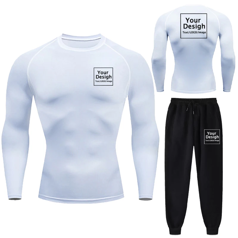 New Custom Printed Men\'s Compression Set Your Design Logo Gym Shirt +Sports Pants Breathble Sportwear Quick Dry Jogging Suits