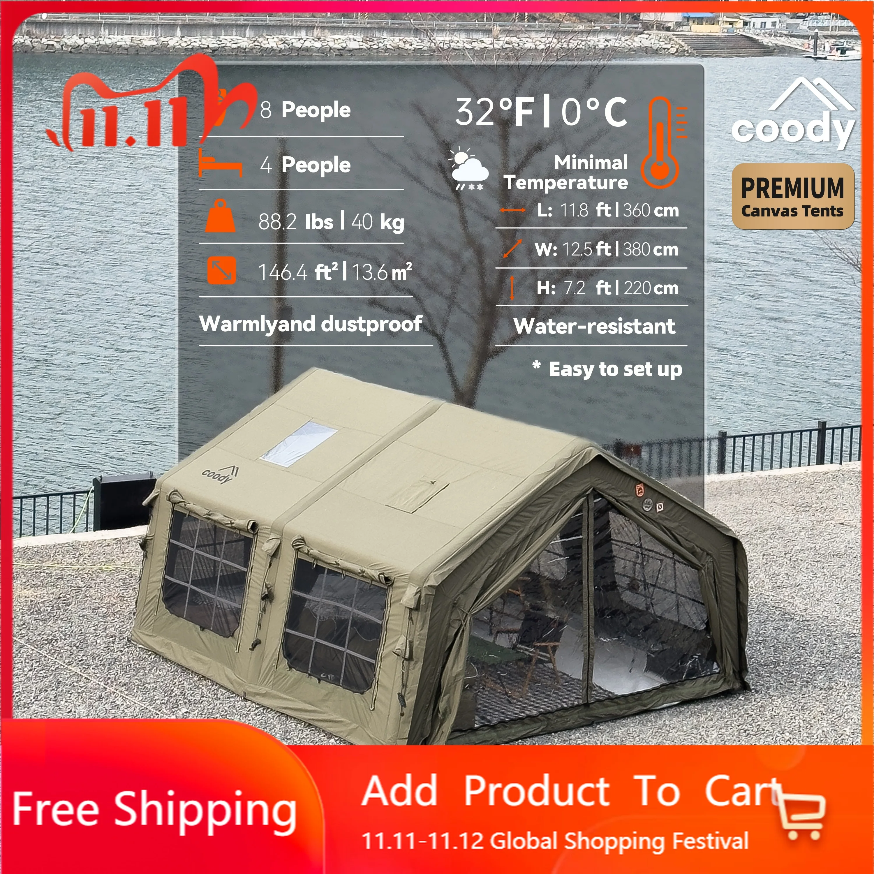 Army Green Coody 13.6 Air Tent Large Space Portable Inflatable Tent For Family Outdoor Camping
