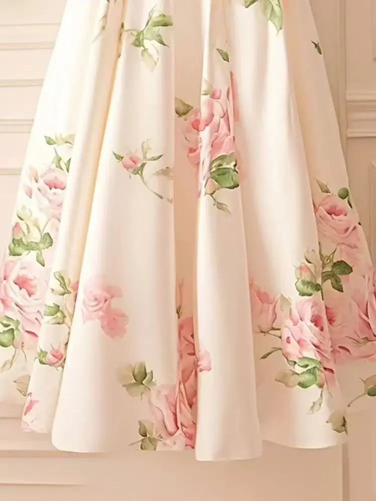 2025 summer long skirt women Korean white chiffon flower printed high waist midi skirt female