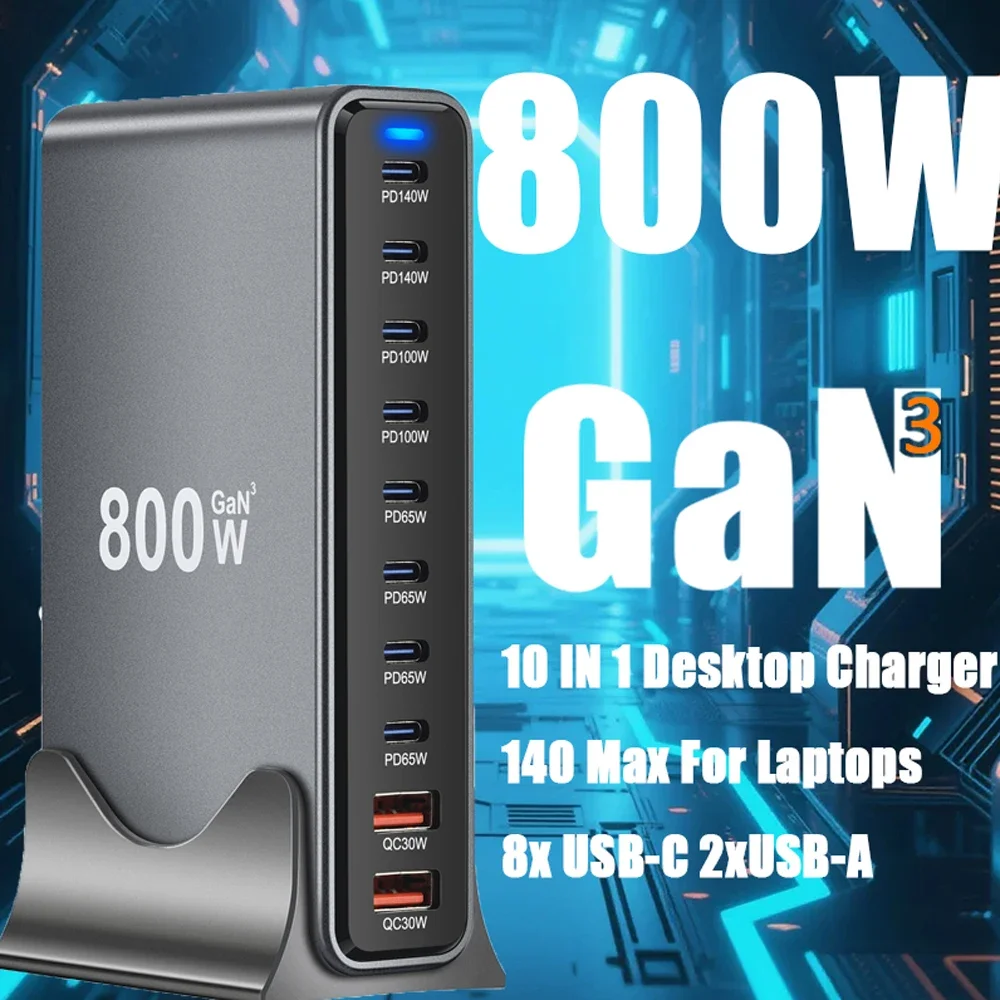 

800W GaN Multi-Port Desktop Charging Station Support QC PD Fast Charger For MacBook Pro/iPhone/Samsung S24/iPad USB Charger 8C2A