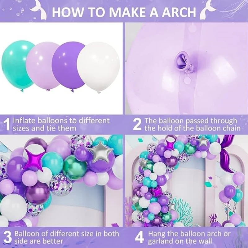 118Pcs A set of mermaid themed balloon arch set, mermaid tail silver star foil balloon birthday wedding party decoration