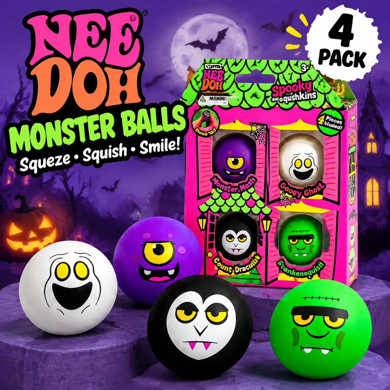 Needoh Spooky Squishkins Mini 4 Pack Halloween Monster Squeeze Ball Flour Filling Quick Rebound Emotional Release Leisure Gift