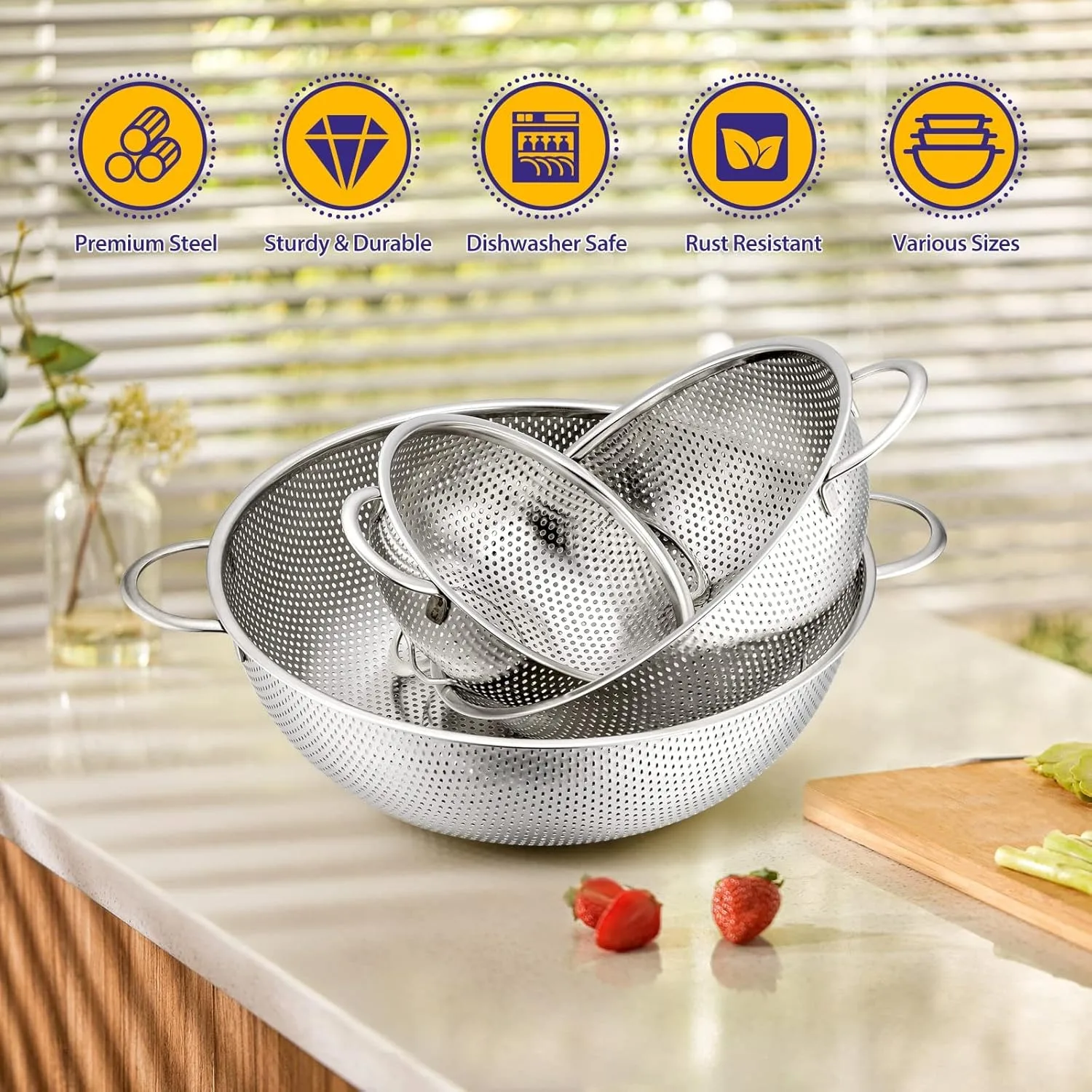 All Purpose Stainless Steel Fine Mesh Strainer Net Baskets with Handles Resting Base Colander Set Kitchen Supplies