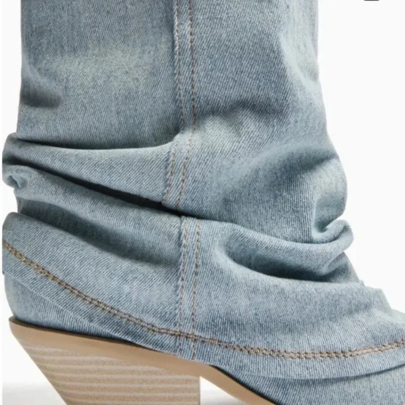 Pleated Block Heels Denim Boots for Women 2024 Autumn Pointed Toe Women High Knee Boots Plus Size Fashion Cowboy Woman Boots image 6