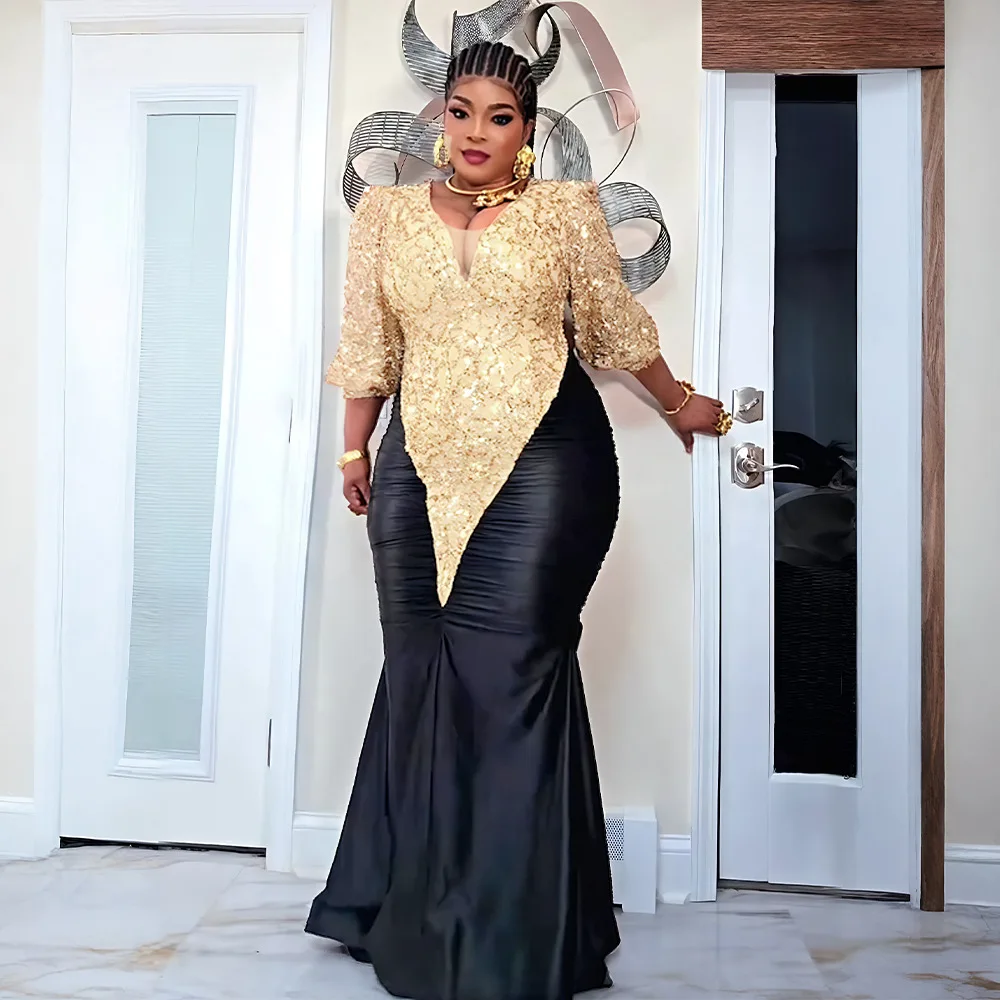 African Plus Size Women's V-Neck Evening Dress New Style Patchwork Sequined Wedding Gown Ankara Dashiki Turkey Kaftan Vestidos