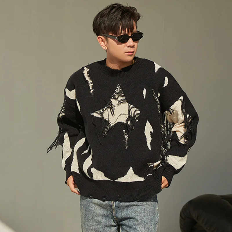 PFNW Niche Style Men's Sweater Star Hole Tassel Design Rough Edges Round Collar Contrast Color Pullover Male Clothing 12C492