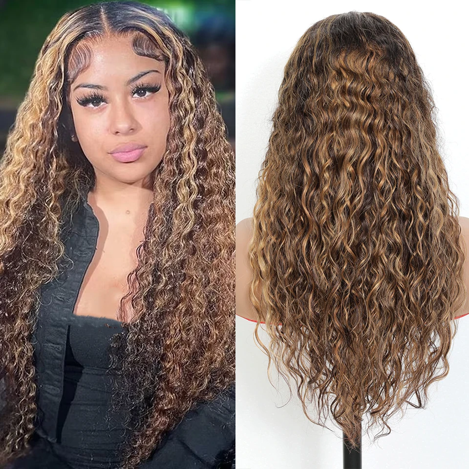 

Выделите парик из человеческих волос 13X4 Волна воды Фронтальный парик Бразильские вьющиеся P4/27 Медовый блондин Выделите кружевные фронтальные парики для женщин