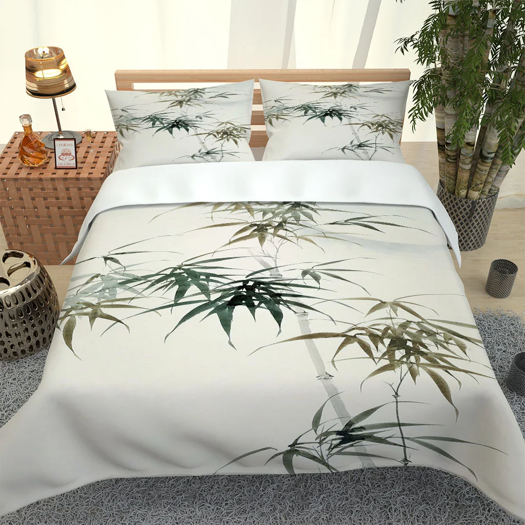 HUANZHUANG Children Duvet Cover Set Simple Green Bamboo Quilt Cover 3Pcs King Full Size Bedding Pillow Case Bedding Linen Polyes