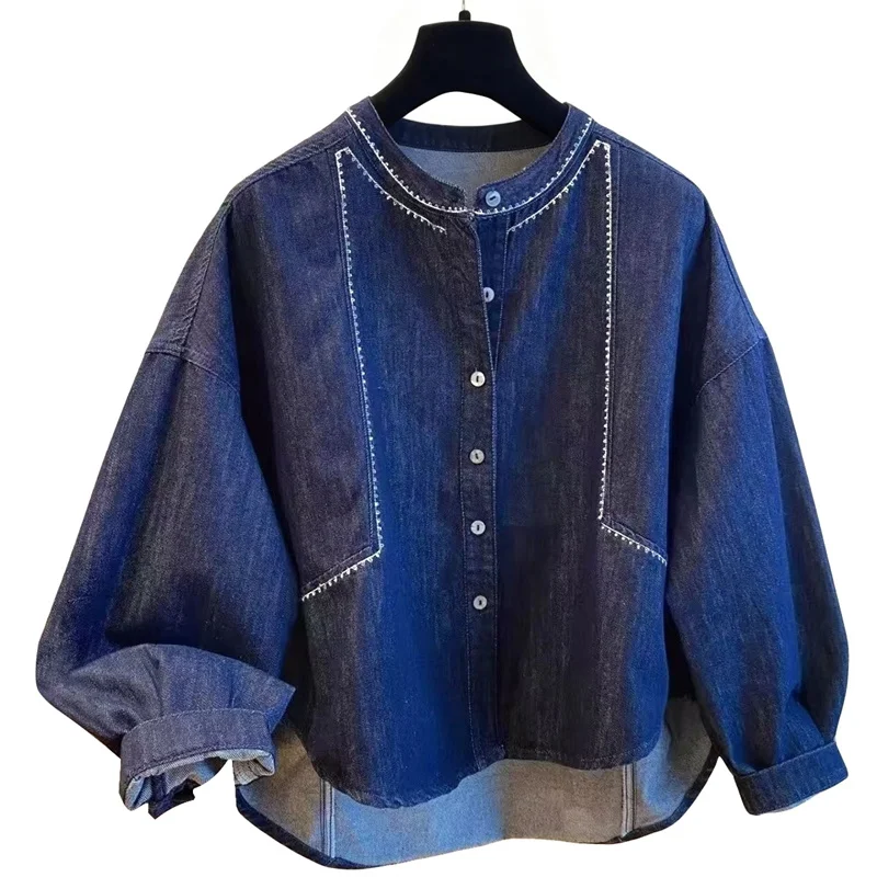 Advanced O-neck Denim Shirt Jacket For Women Spring Autumn 2026 New Korean Loose Casual Thin Jeans Coat Large Size Denim Blouse