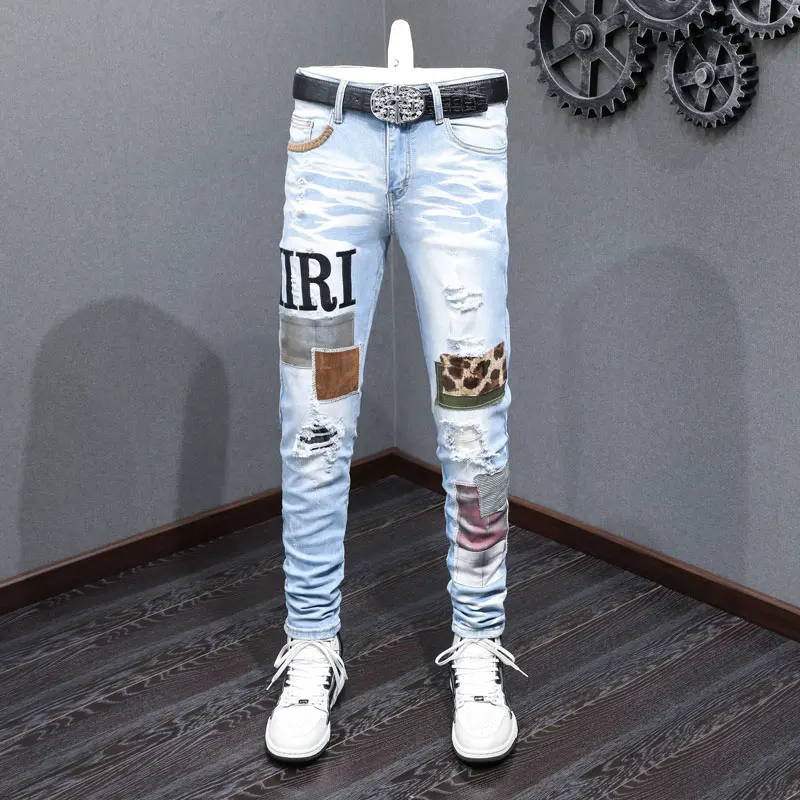 

Designer fashion new men's jeans stretch slim fit perforated flower patch retro light blue jeans high street hip-hop brand pants