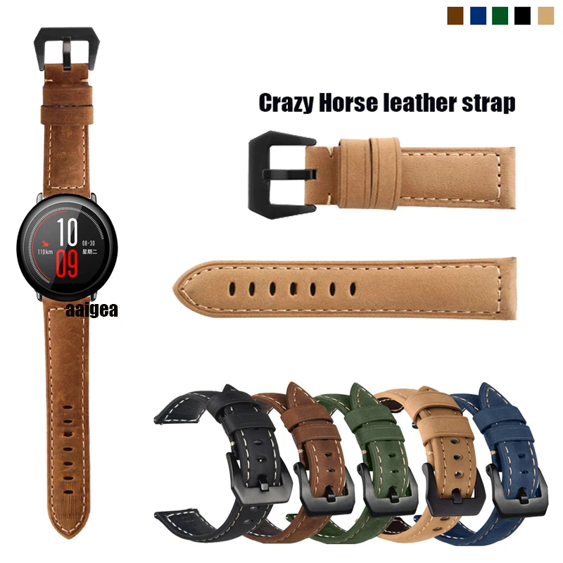 

20mm 22mm Black Buckle Crazy Horse Genuine Leather Strap Band for Huami Amazfit PACE Stratos 2 2S 3 GTR2 GTR3 pro