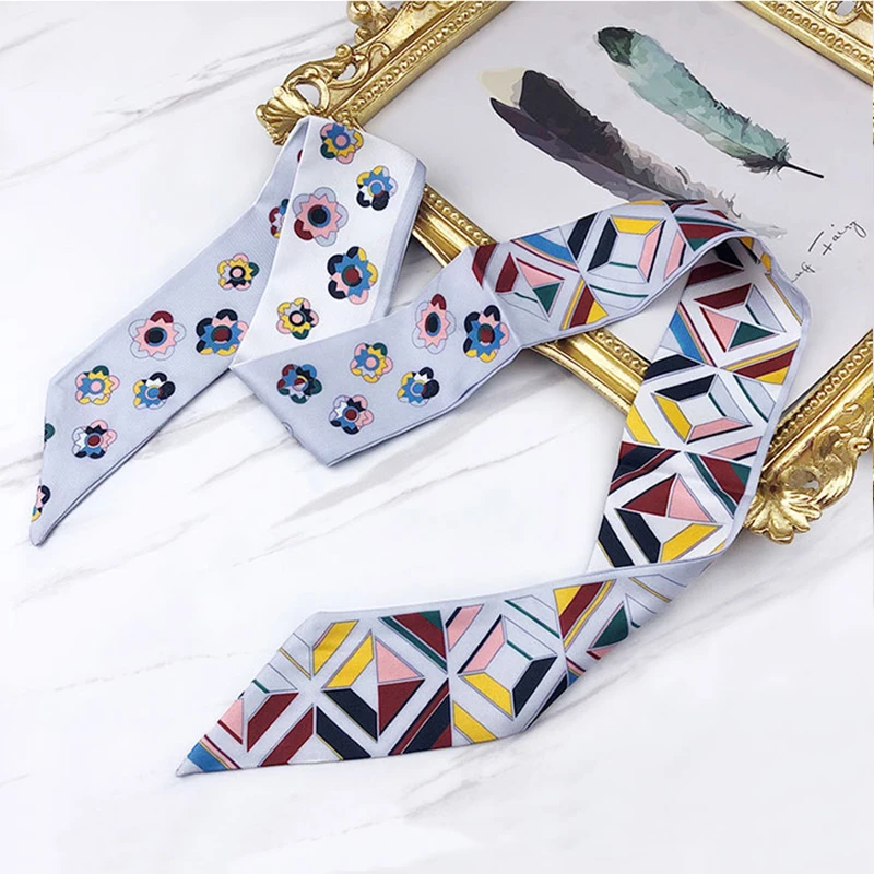 2023 Spring border New Geometric Diamond Small Flowers Women\'s Decorative Small Silk Scarf Bundle Bag Handle Ribbon Small Scarf