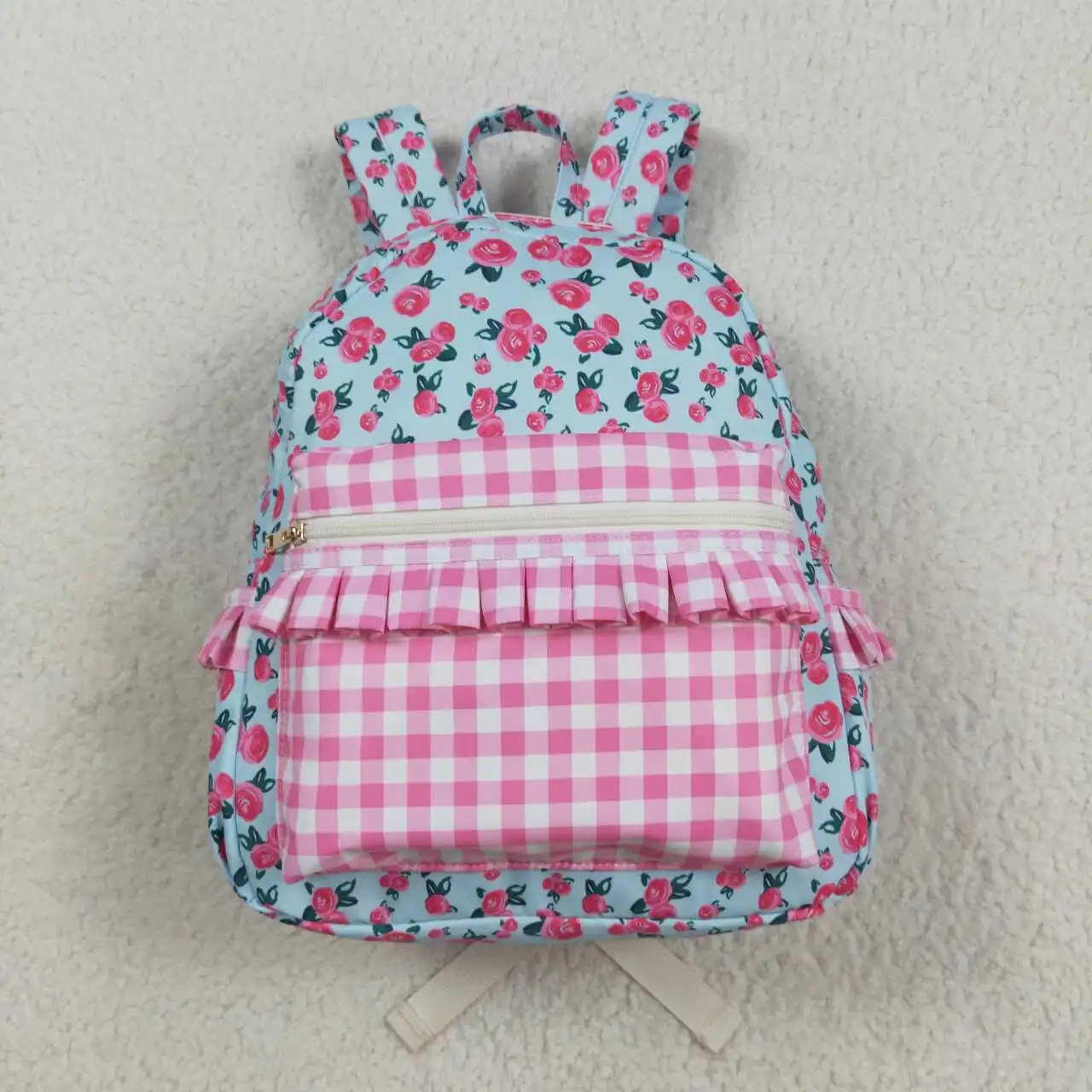 

Pink Plaid Ruffle Floral Backpack for Baby Girls Cute And Stylish Kids School Bag10*13.9*4 inches