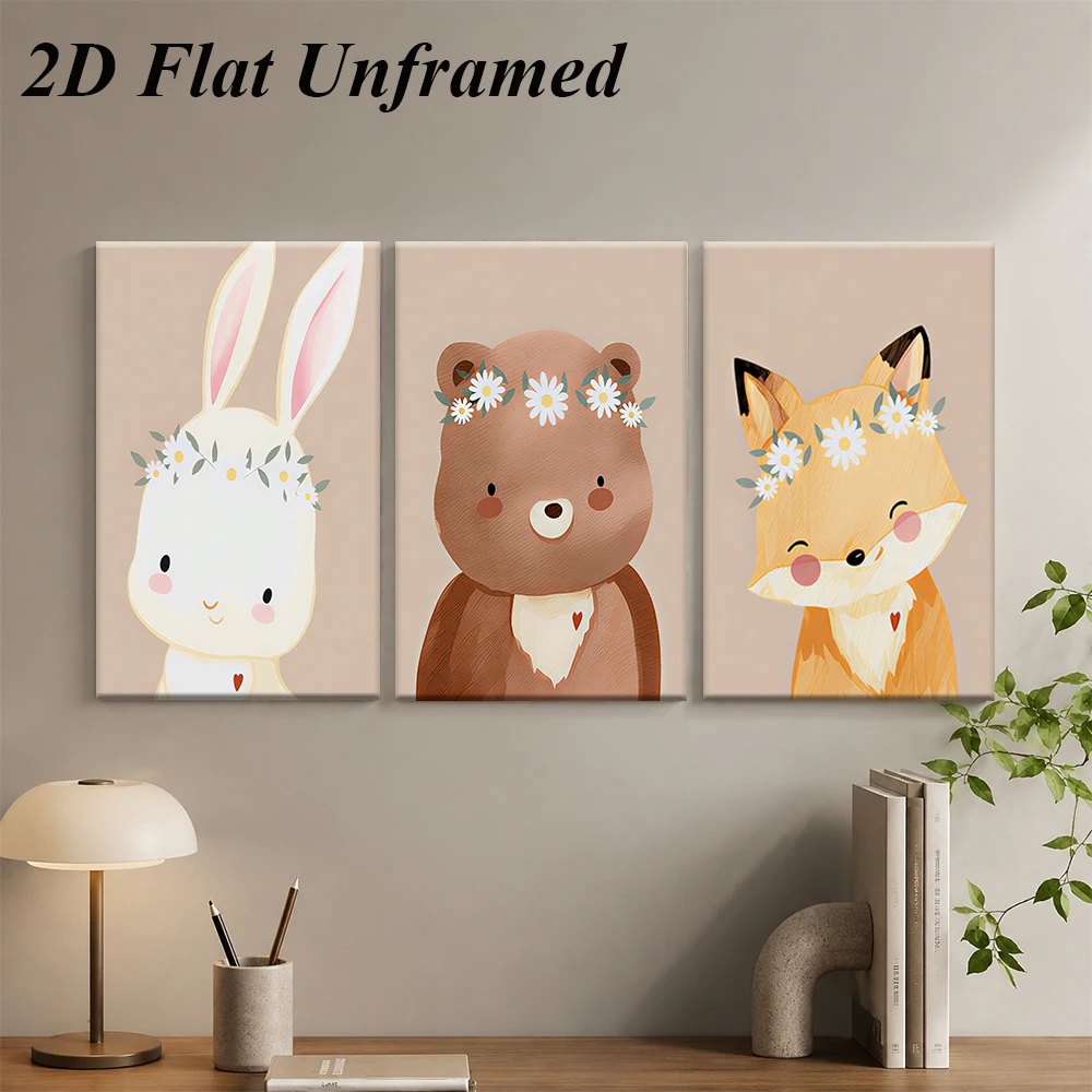 1 set of cute cartoon animal triptych frameless decorative paintings, rabbit, bear, fox, daisy headwear, 2D flat