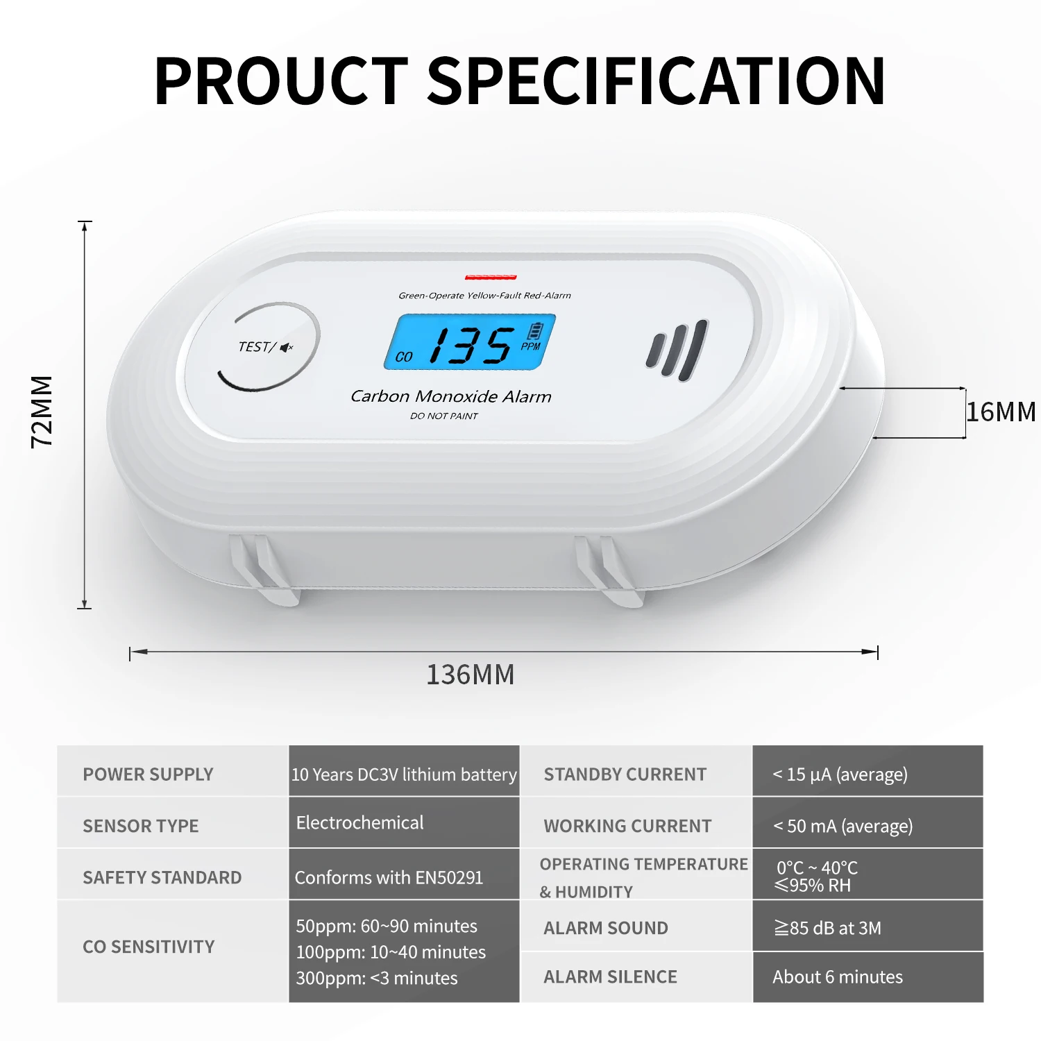 Alarme de monoxyde de carbone V-COME avec écran LCD numérique et bouton de test, détecteur de CO avec batterie d'autonomie de 10 ans, EN 50291, VC21