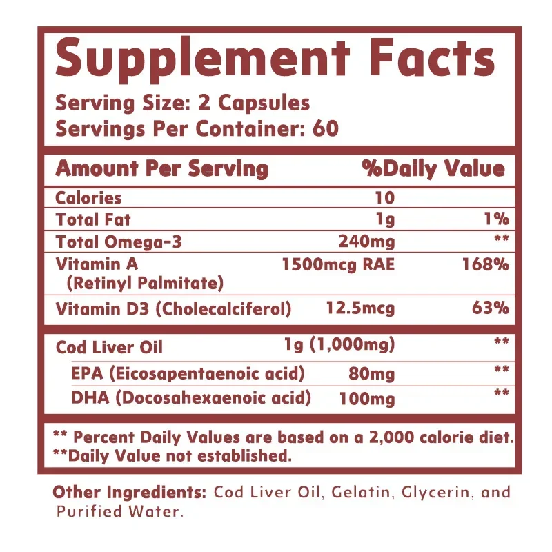 Cod Liver Oil Capsules Fish Oil Omega 3+ Vitamins A & D3 ,Stress Relief, Strengthen Brain , Improve Memory and Intelligence