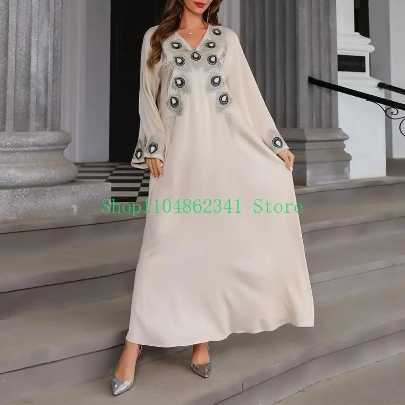 여성 이슬람 드레스 가운 라인 석 드레스 이슬람 전체 길이 드레스 느슨한 중동 Thobe 여성 긴 소매 드레스