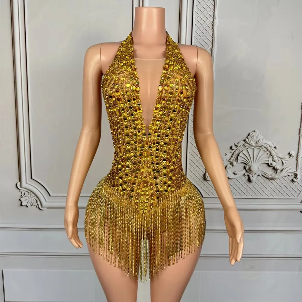 Sexy Backless Tassel Bodysuit Gold Deep V-neck Rhinestones Women Crystal Fringe Leotard Performance Dance Costume Bar Stage Wear