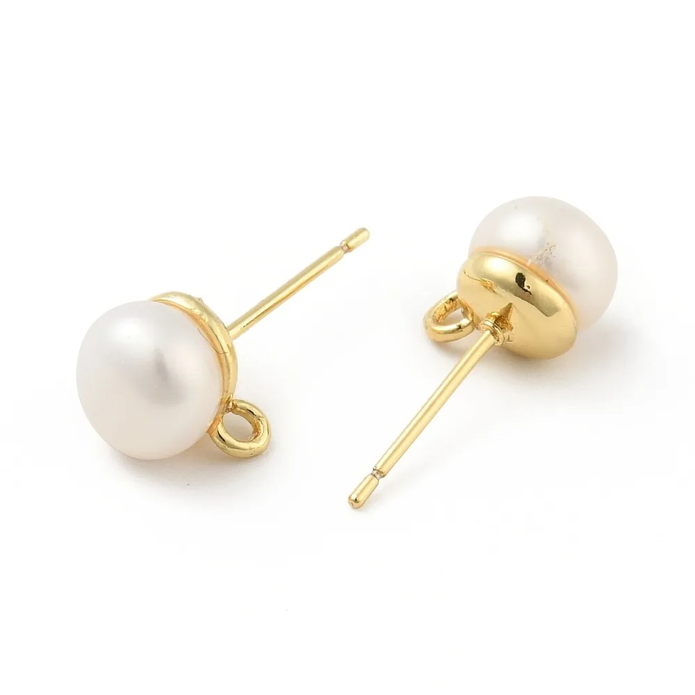 1pair  Pearl Stud Earrings Findings with Findings and Horizontal Loops Round Cadmium Free Lead 10x7.5mm Hole: 0.6mm Pin: 0.6mm