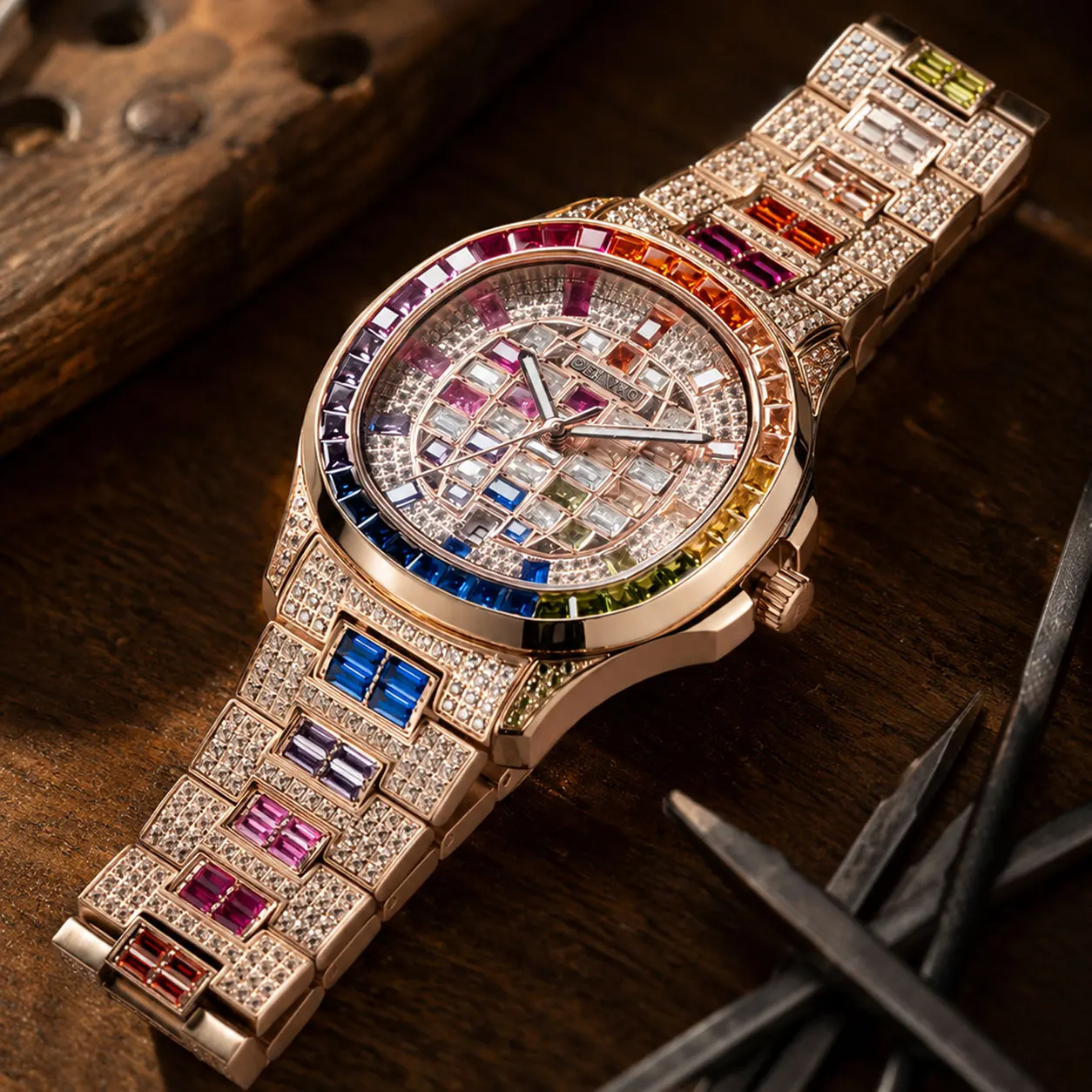 OBLVLO 40mm Square Rose Gold Automatic Watch Rainbow Baguette Zircon/Moissanite Bezel Bracelet Elegant Timepiece FM-DSL-AD