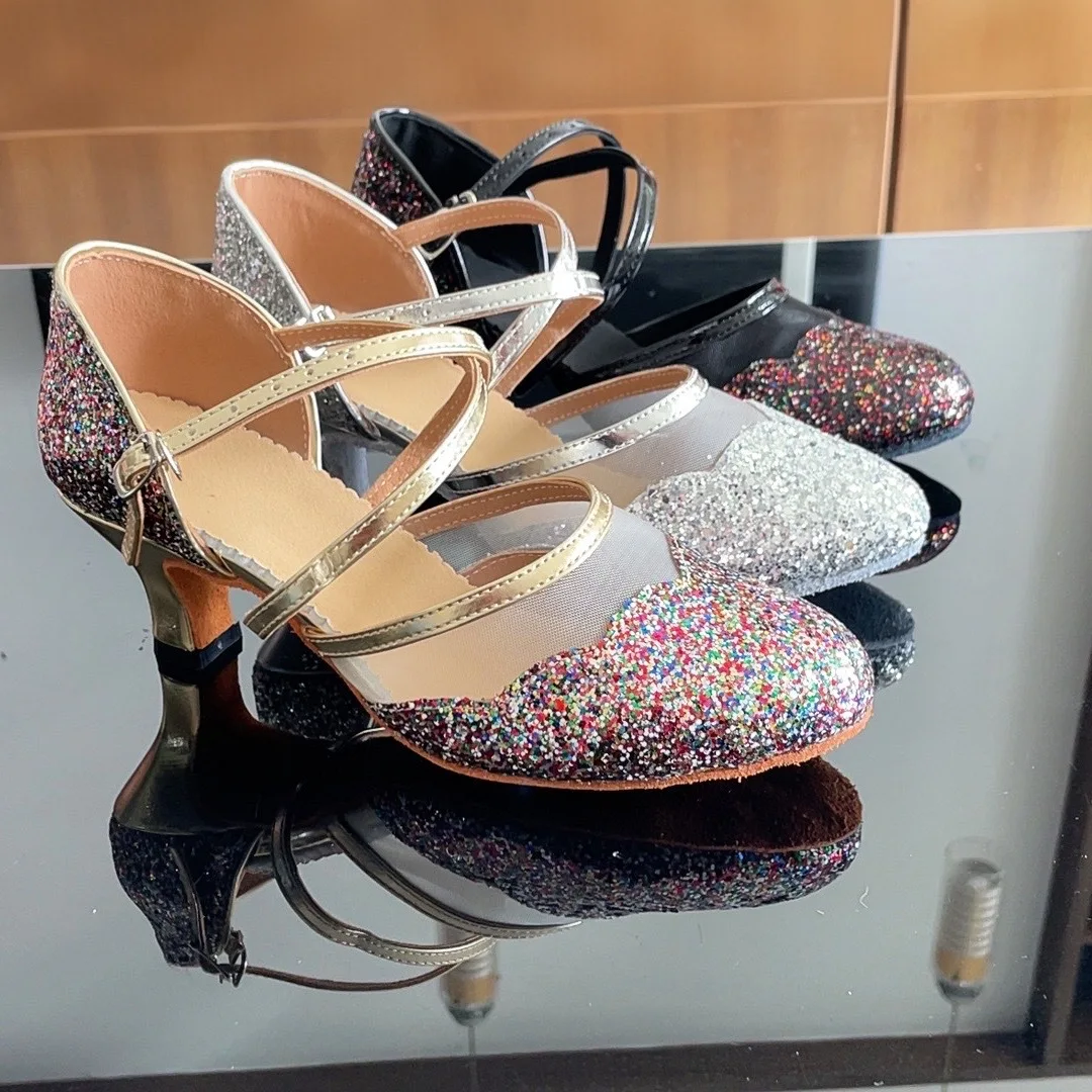 2026 New Latin Dance Shoes For Female Adults 5.5CM Heel Soft - soled Breathable Dance Shoes Shining Fashion High - end Dance Sho