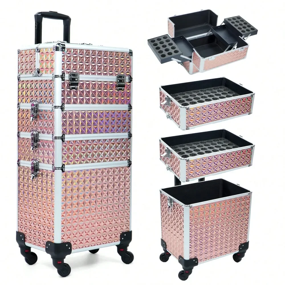 

Большой косметический чемодан-тележка 4-в-1 с колесами и ключом, вместительный дорожный кейс для макияжа, модель Salon B