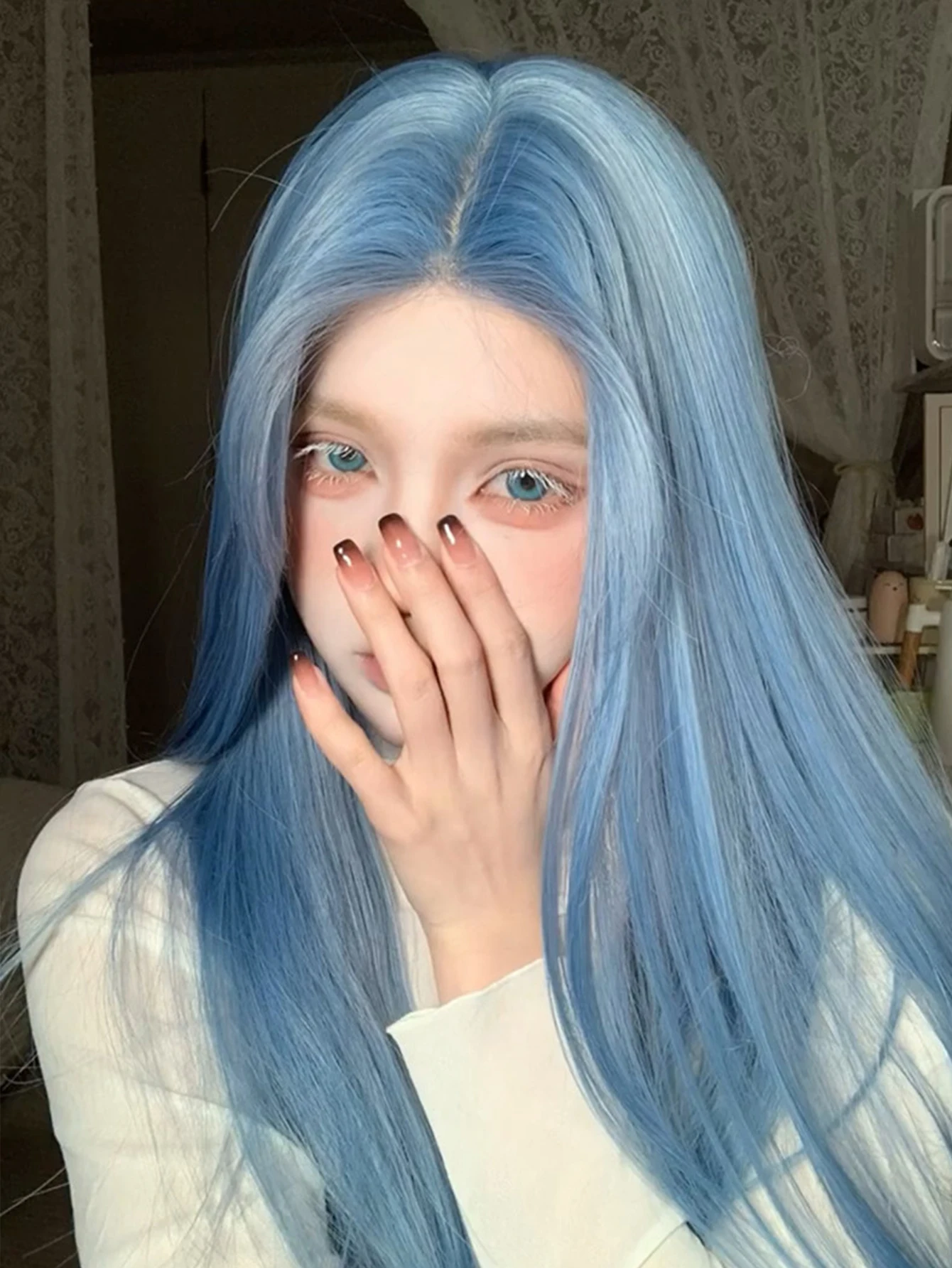 Synthetic Long Straight Lolita Lace Front Wig with Bangs Middle Part Wig Blue Cosplay Party Halloween Harajuku Wig For Women