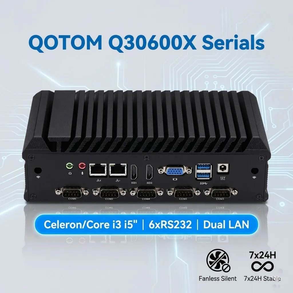 Mini PC Industrial sin Ventilador QOTOM Q30600X 6xRS232 COM 2xHD VGA Doble LAN Core i5 i3 Celeron de Escritorio Compatible con Win7/10 Linux