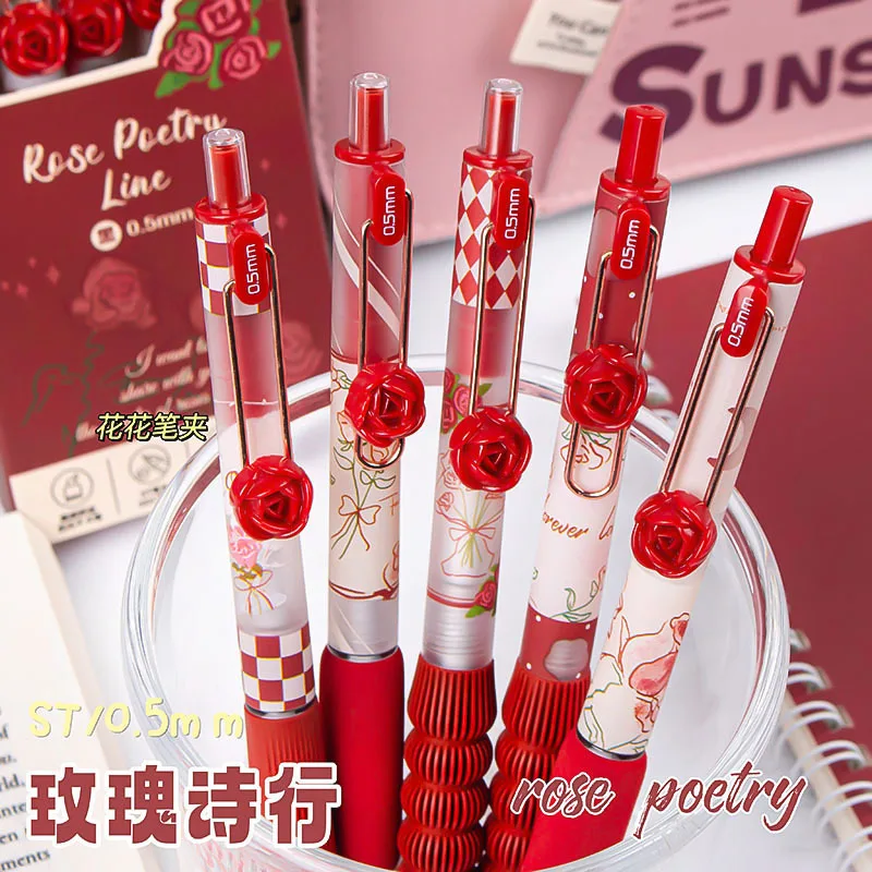 

5 шт./компл. гелевые ручки с милым розовым цветком, быстросохнущие 0, 5 мм черные чернила, гладкая элегантная ручка для письма, студенческие канцелярские принадлежности, офисная поставка