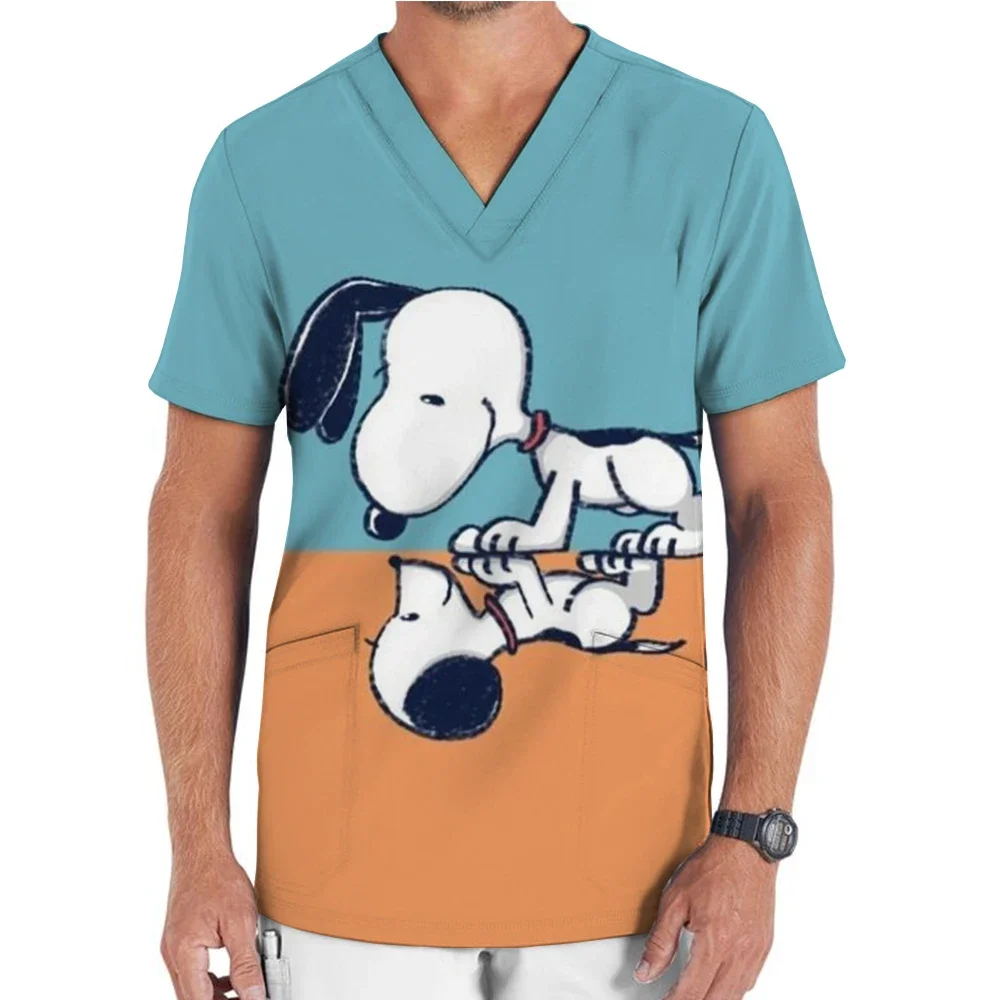 Snoopy T-shirt frosted top men's short sleeved V-neck nurse uniform work uniform men's T-shirt uniform top men's clothing