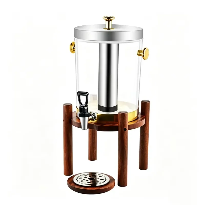 Stainless Steel Self Service Beverage Dispenser with Ice Tube Faucet and Raised Wooden Stand for Restaurant Hotel Drink
