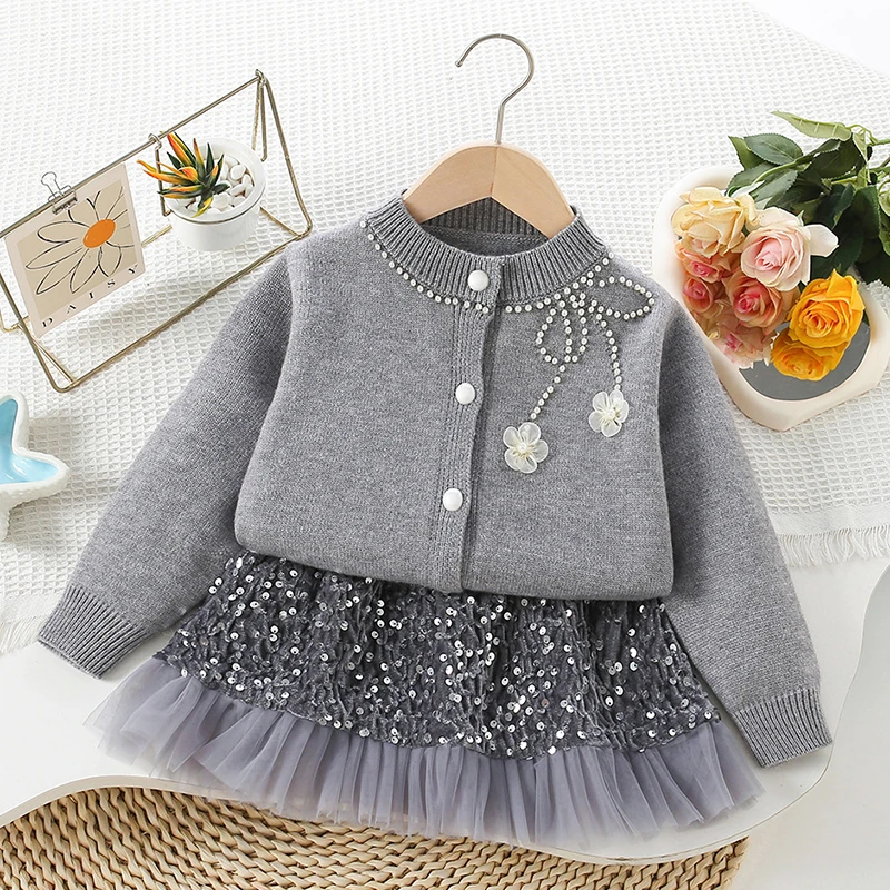 2025 New Autumn 2-6Yrs Baby Girl Knitted Clothes Suit Children Clothes Set Long Sleeved Knitted Cardigan Coat+Mesh Short Skirt