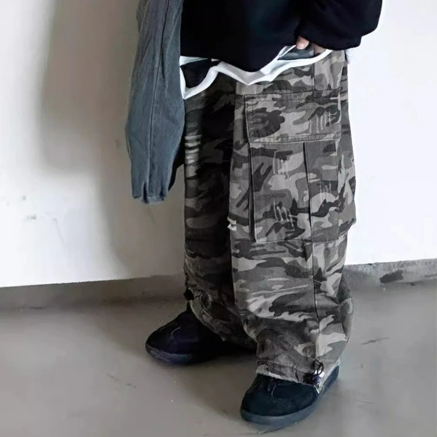 2026 Autumn New Japan Korean Style Boys Camouflage Cargo Pants Casual Big Pockets Fashion Children Long Trousers