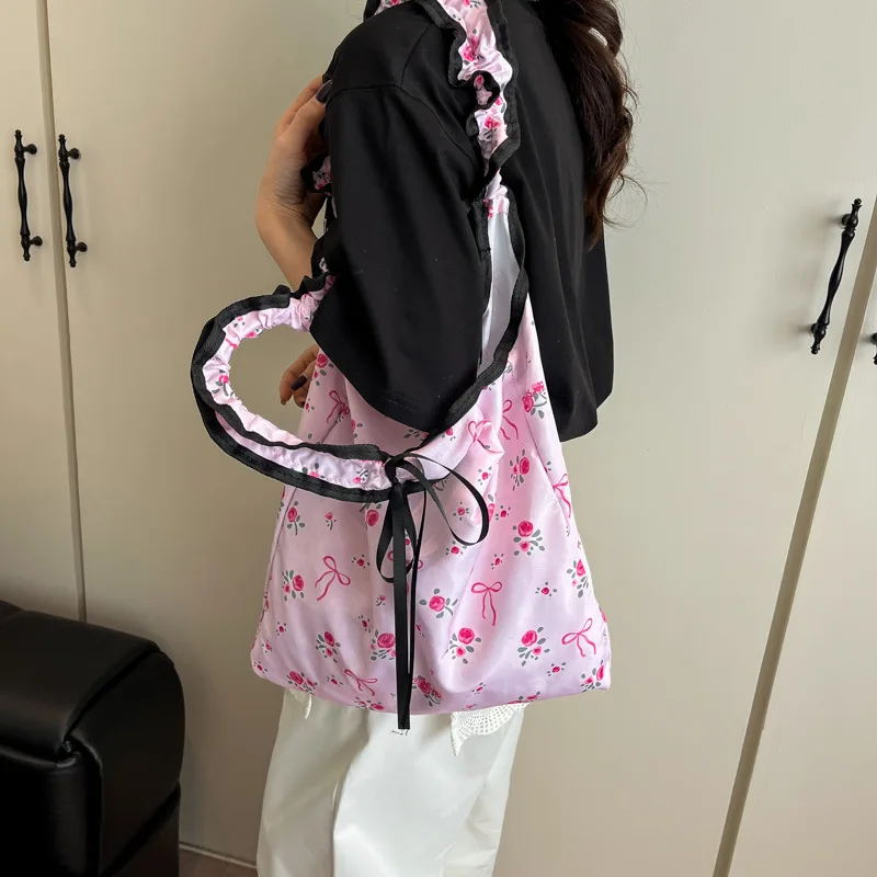 Sweet Bow Floral Women Nylon Shoulder Bags Pleated Design Large Capacity Female Handbags Simple Casual Ladies Underarm Tote Bag