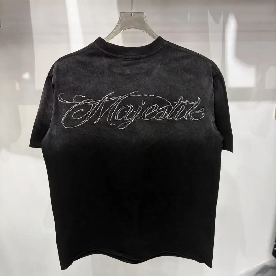 Y2K Retro Washed Distressed T-Shirt Men's Majestik Department Rhinestone Letter Print Streetwear Oversized Hip Hop Loose Tops