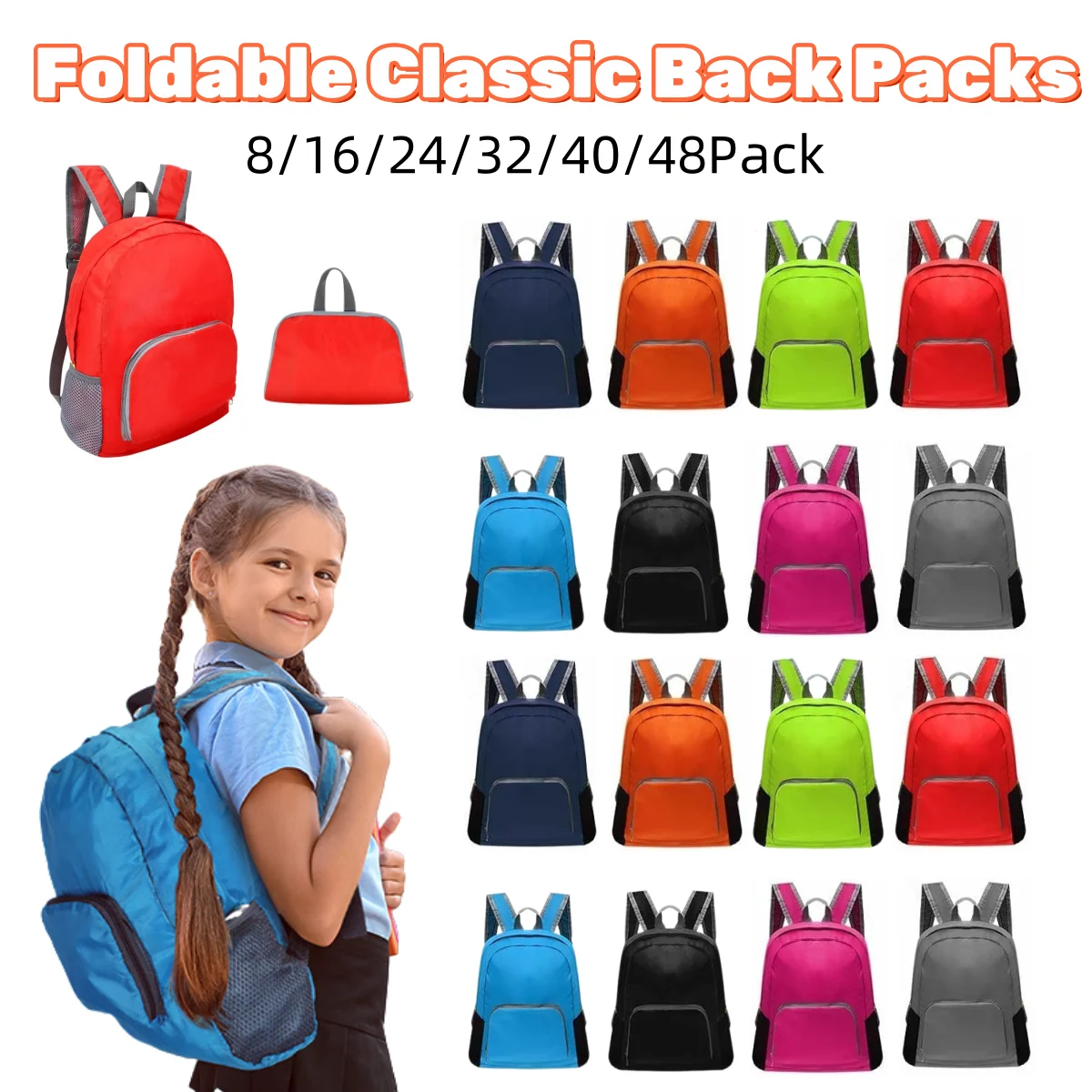 

8-48Pack Foldable Classic BackPacks 17Inch Colorful Backpack Lightweight Packable Bags for Back to School Donation Sport Travel